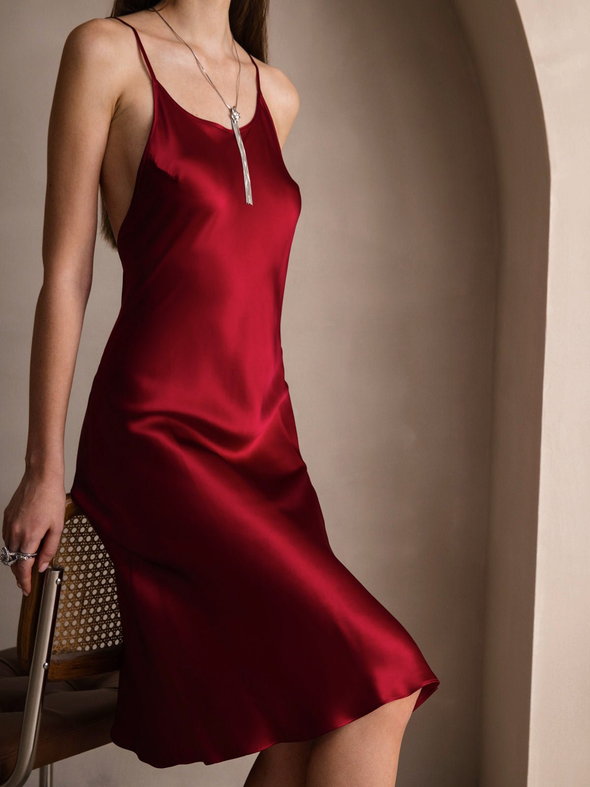 Pure Silk Spaghetti Strap U Neck Knee Dress with Split Criss Cross V-Back Design - Image 16