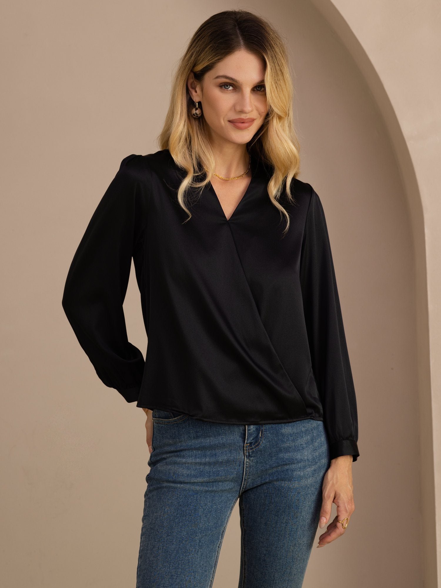 19Momme Silk Women's Wrap Neck Long Sleeve Blouse - Image 8