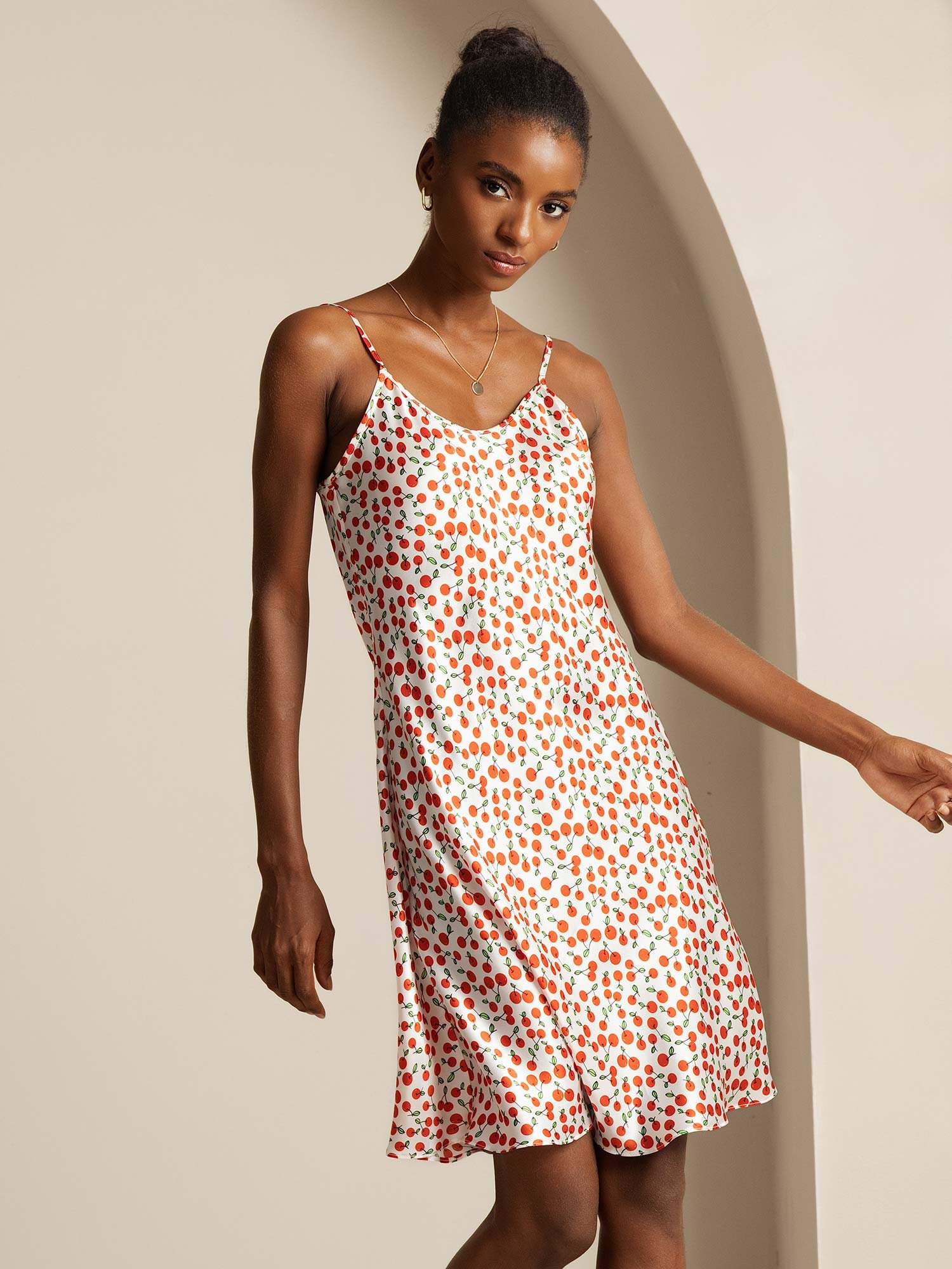 Silk Spaghetti Strap Cherry Print Short Dress - Image 5