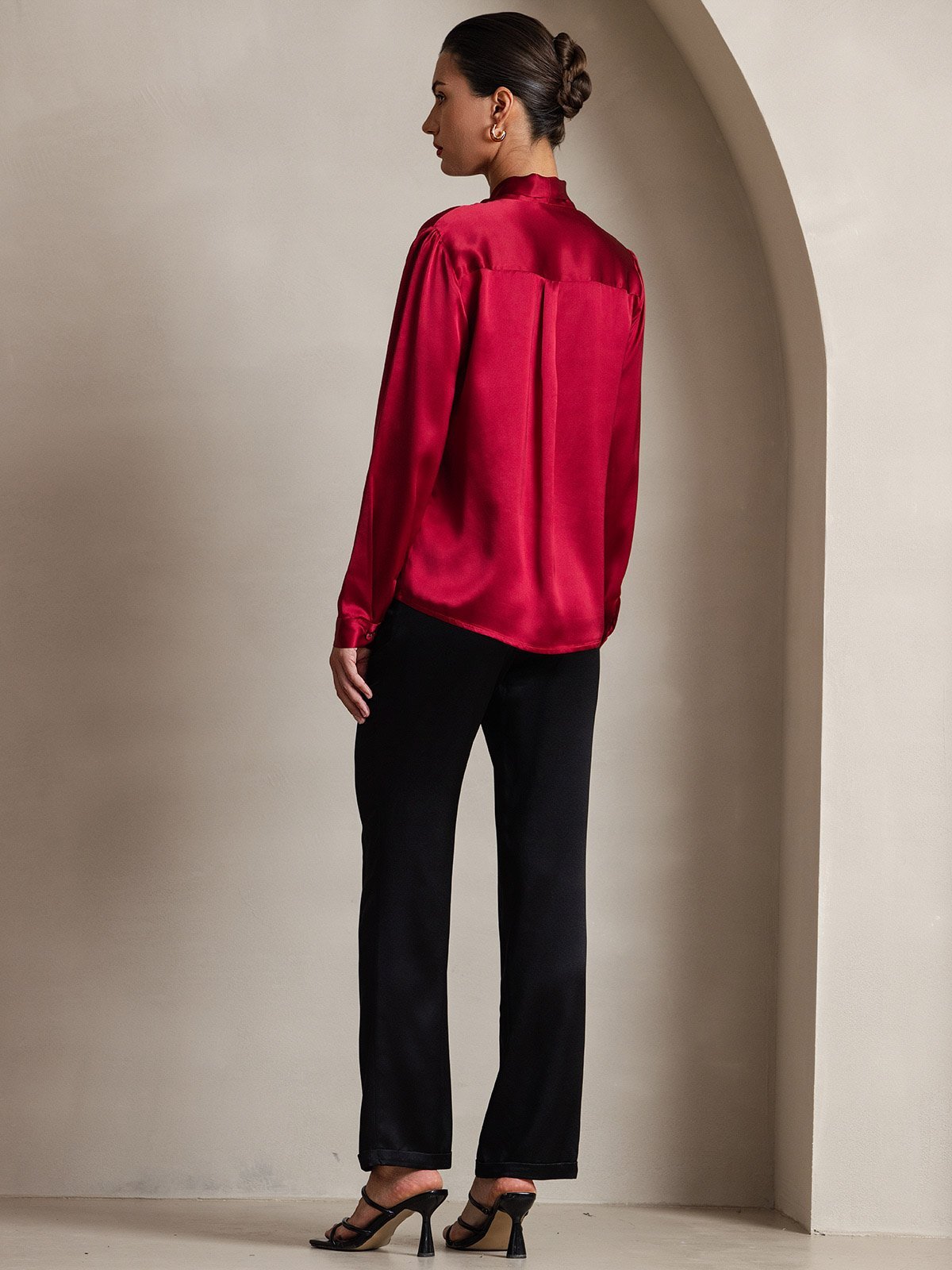 19Momme Silk Long Sleeve Tie Neck Blouse - Image 27