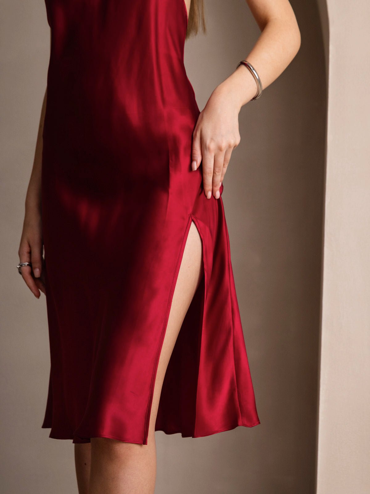 Pure Silk Spaghetti Strap U Neck Knee Dress with Split Criss Cross V-Back Design - Image 17