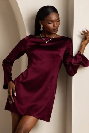 19Momme Silk Long Sleeve Boat Neck Short Dress