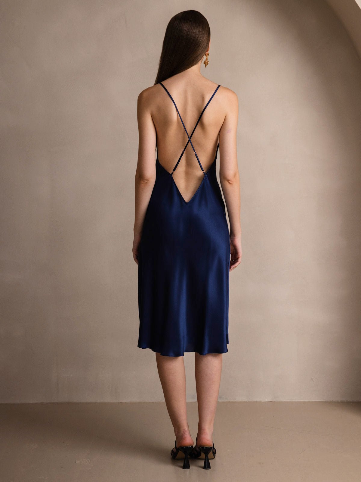 Pure Silk Spaghetti Strap U Neck Knee Dress with Split Criss Cross V-Back Design - Image 21