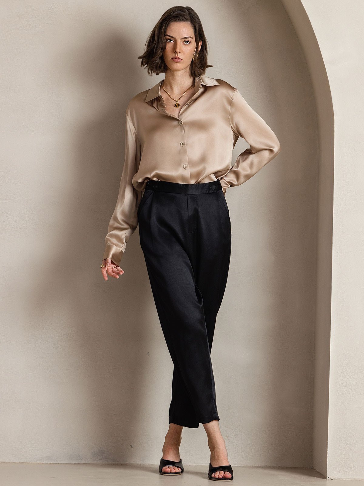 19Momme Silk Long Sleeve Lapel Collar Women's Shirt - Image 12