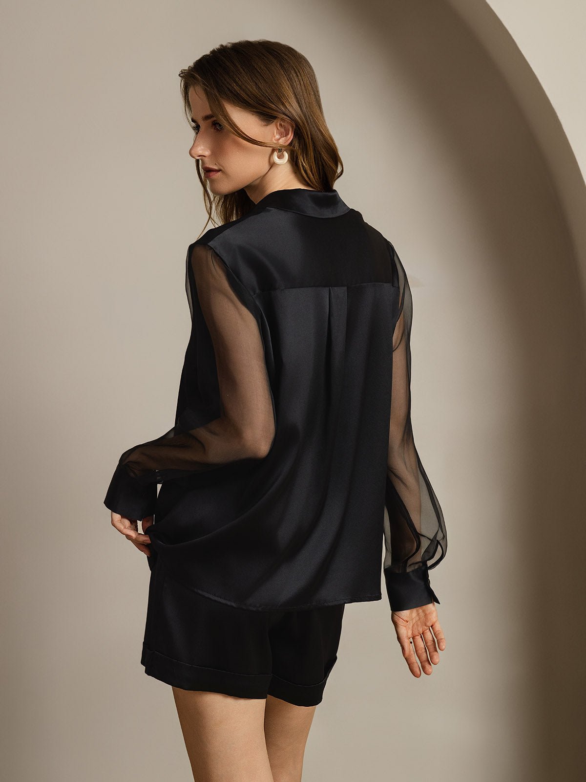 Women's 19Momme Silk Sheer Sleeve Lapel Collar Shirt - Image 2
