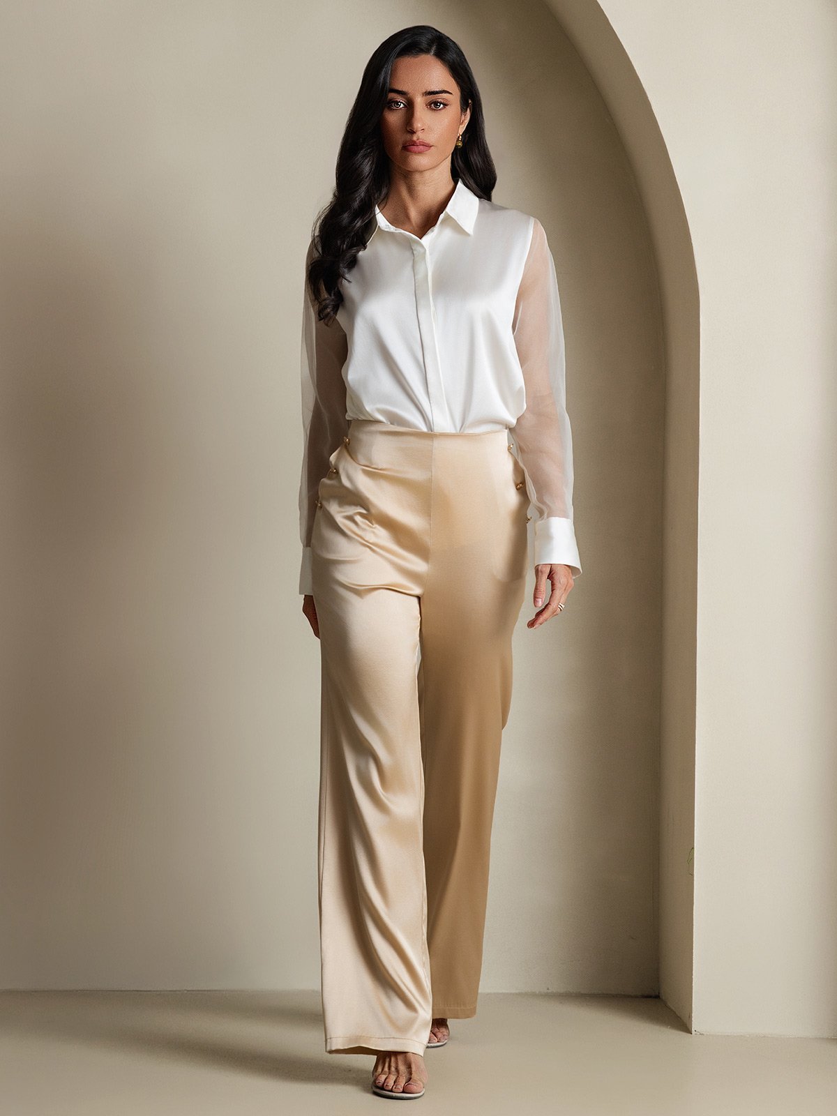 Women's 19Momme Silk Sheer Sleeve Lapel Collar Shirt - Image 15