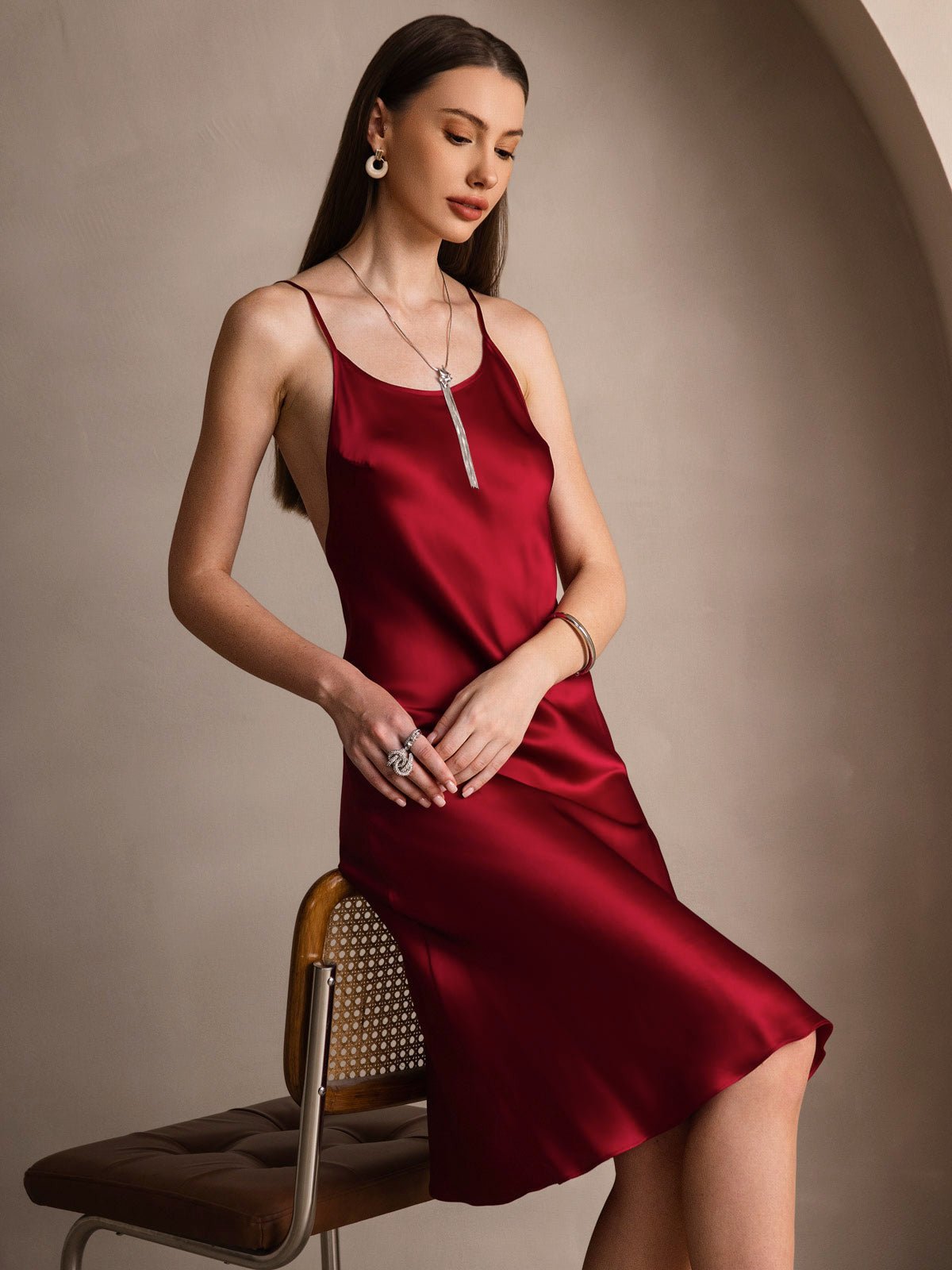 Pure Silk Spaghetti Strap U Neck Knee Dress with Split Criss Cross V-Back Design - Image 14