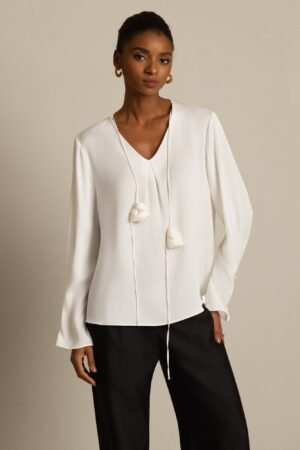 19Momme Silk Women's V Neck Long Sleeve Blouse With 3D Rose Detail