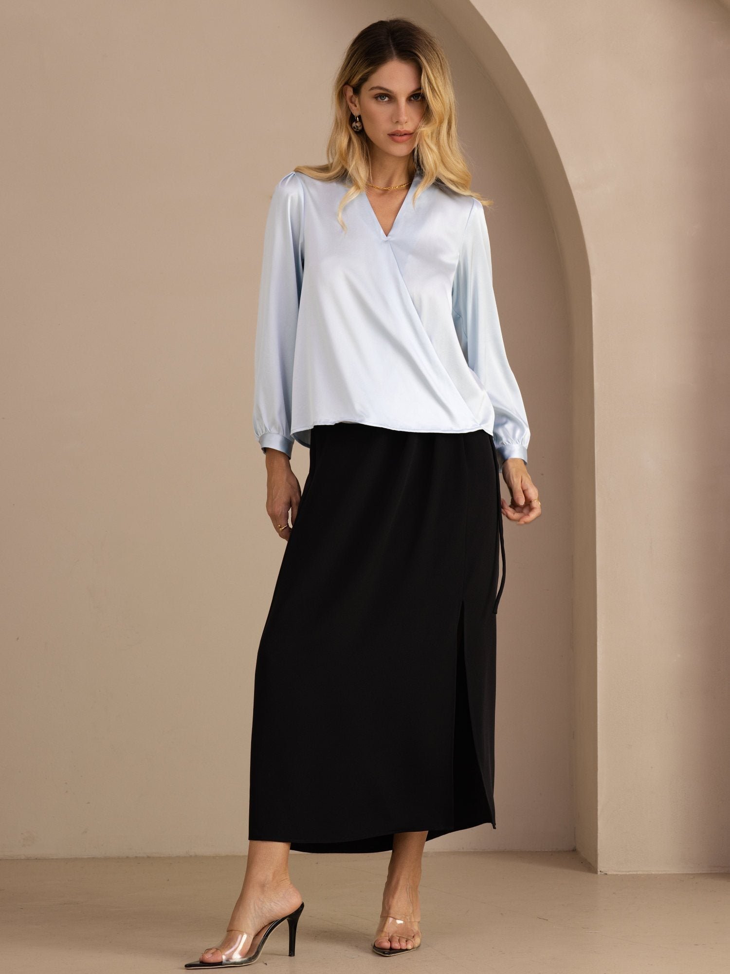 19Momme Silk Women's Wrap Neck Long Sleeve Blouse - Image 7