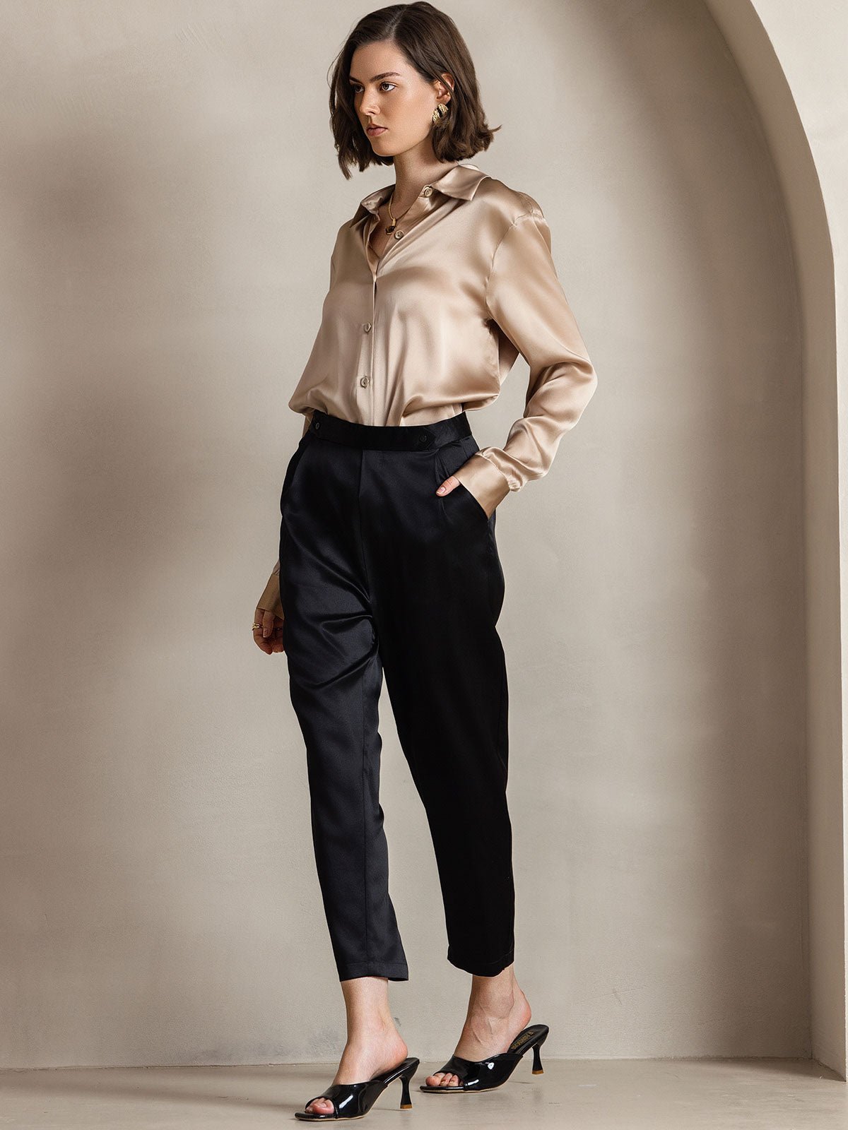 19Momme Silk Long Sleeve Lapel Collar Women's Shirt - Image 14