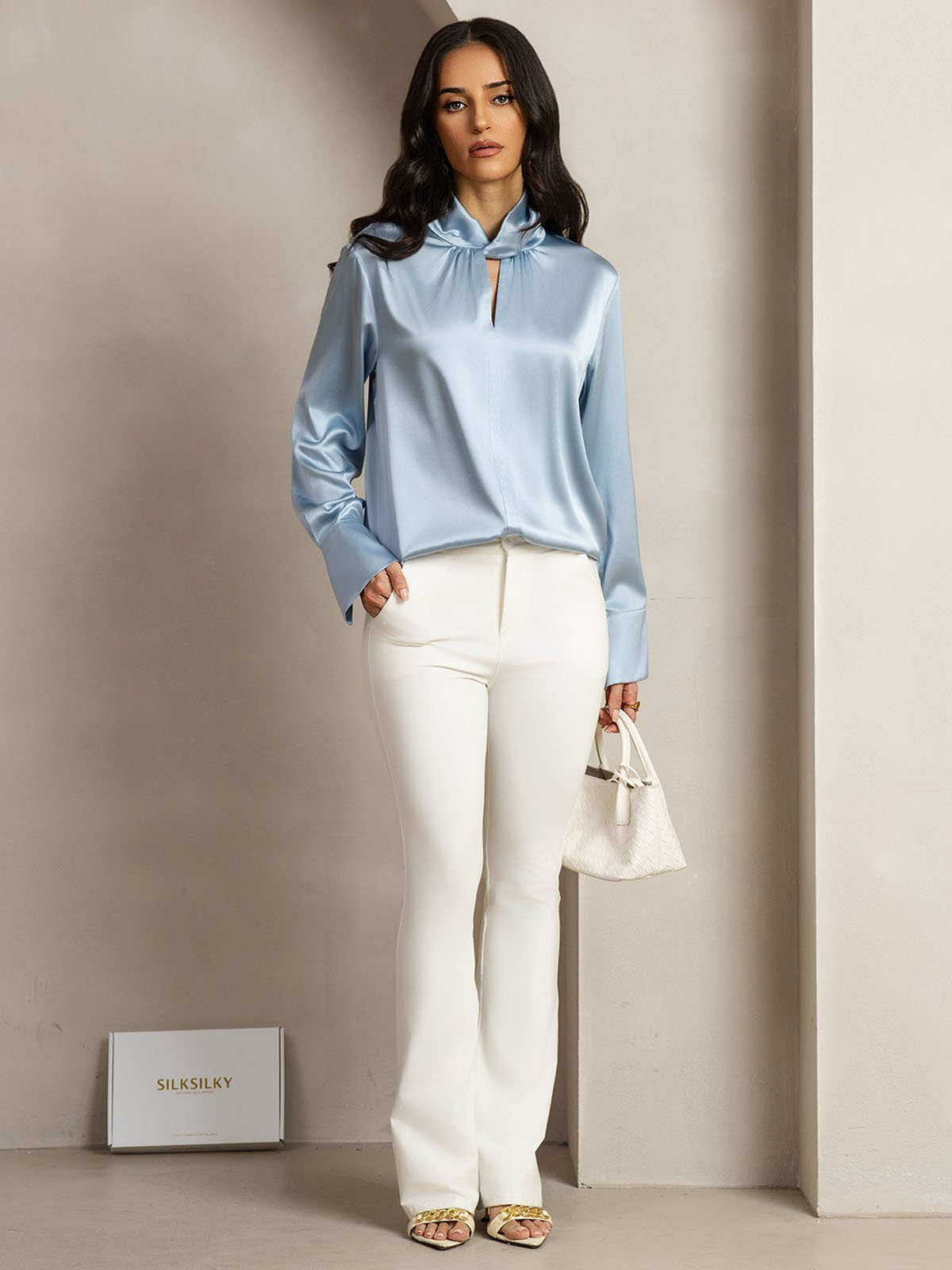 19Momme Silk Keyhole Neck Blouse with Pearl Buttons - Image 10