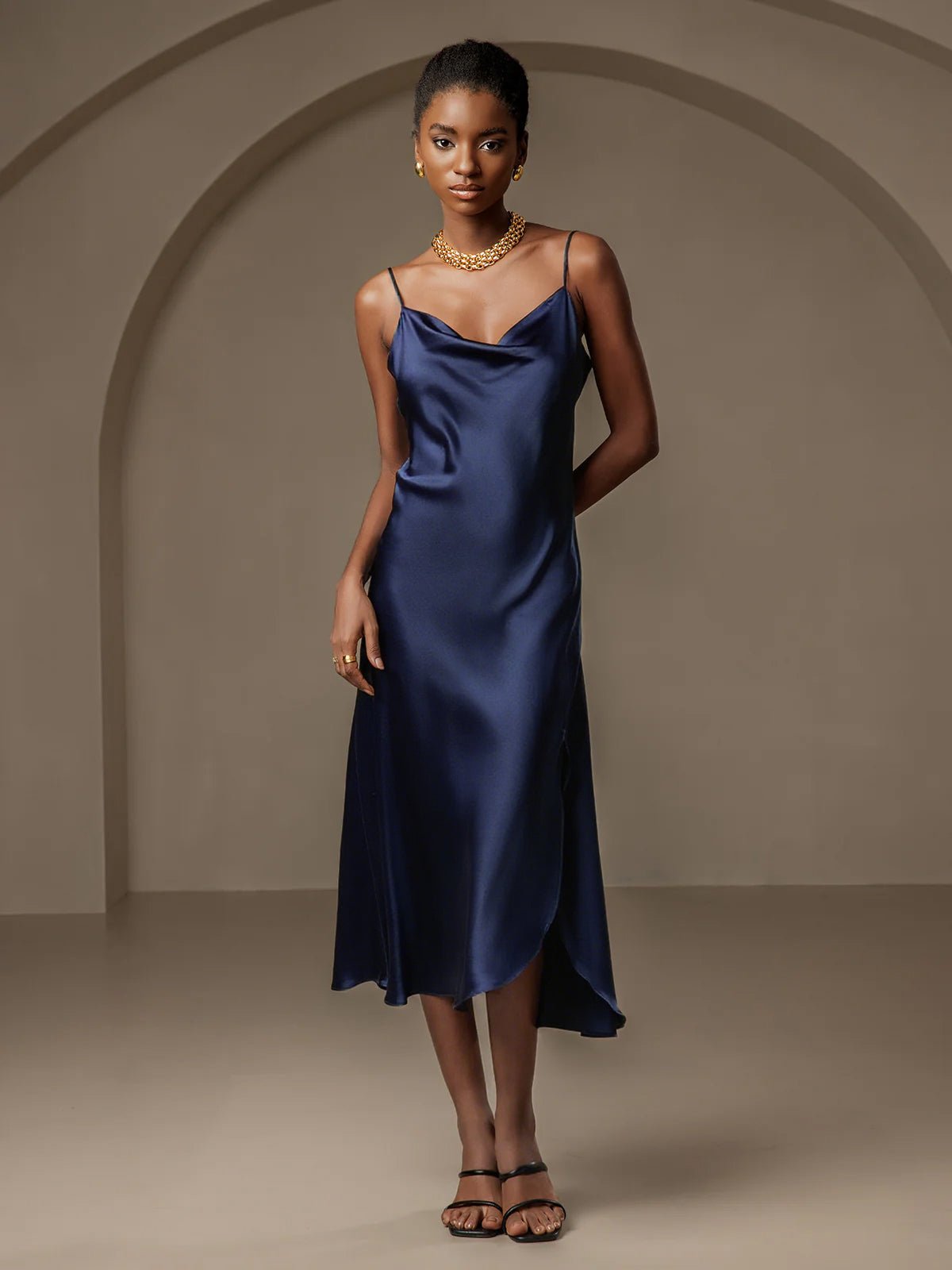 Pure Silk Spaghetti Strap Cowl Neck Bias Midi Dress with Split Design - Image 15