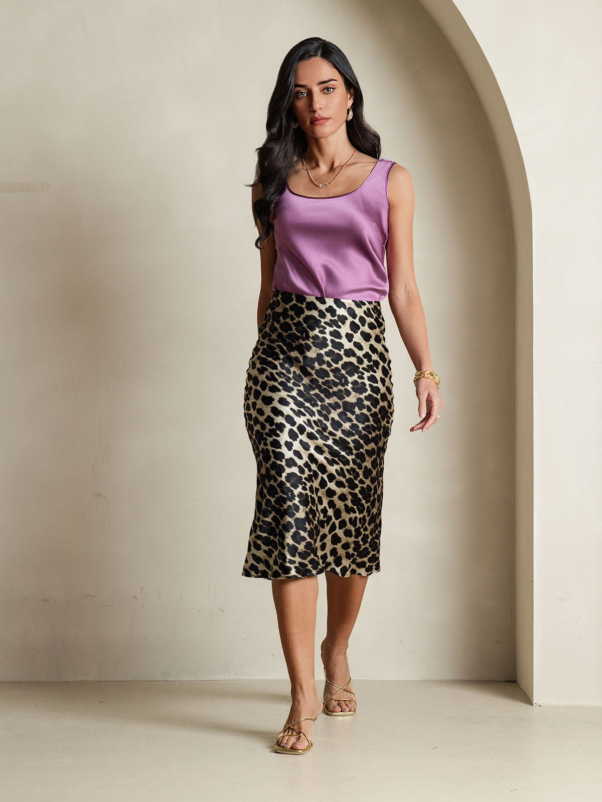 19Momme Pure Silk Leopard Print Stretch Straight Long Skirt - Image 6