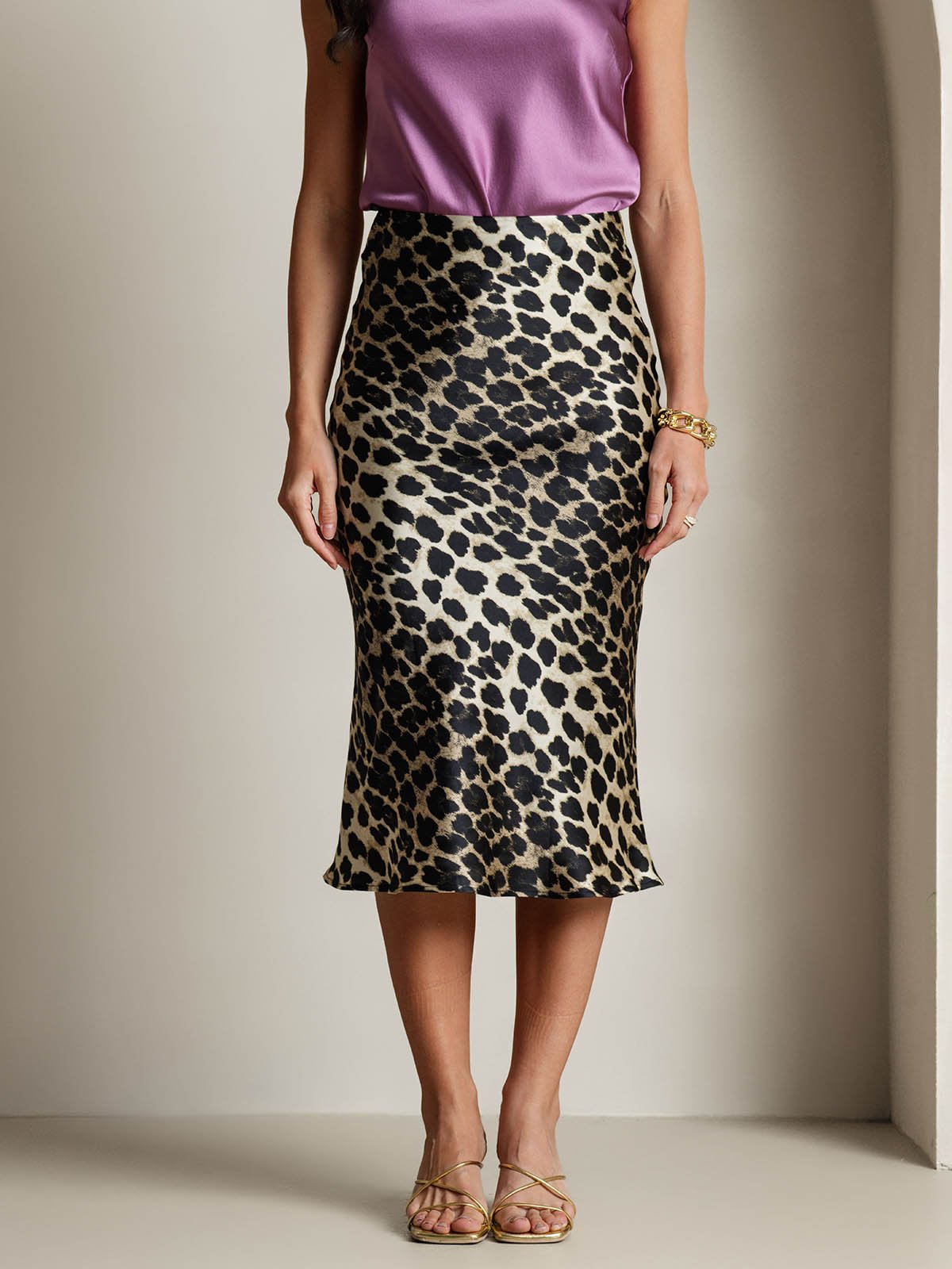 19Momme Pure Silk Leopard Print Stretch Straight Long Skirt - Image 3