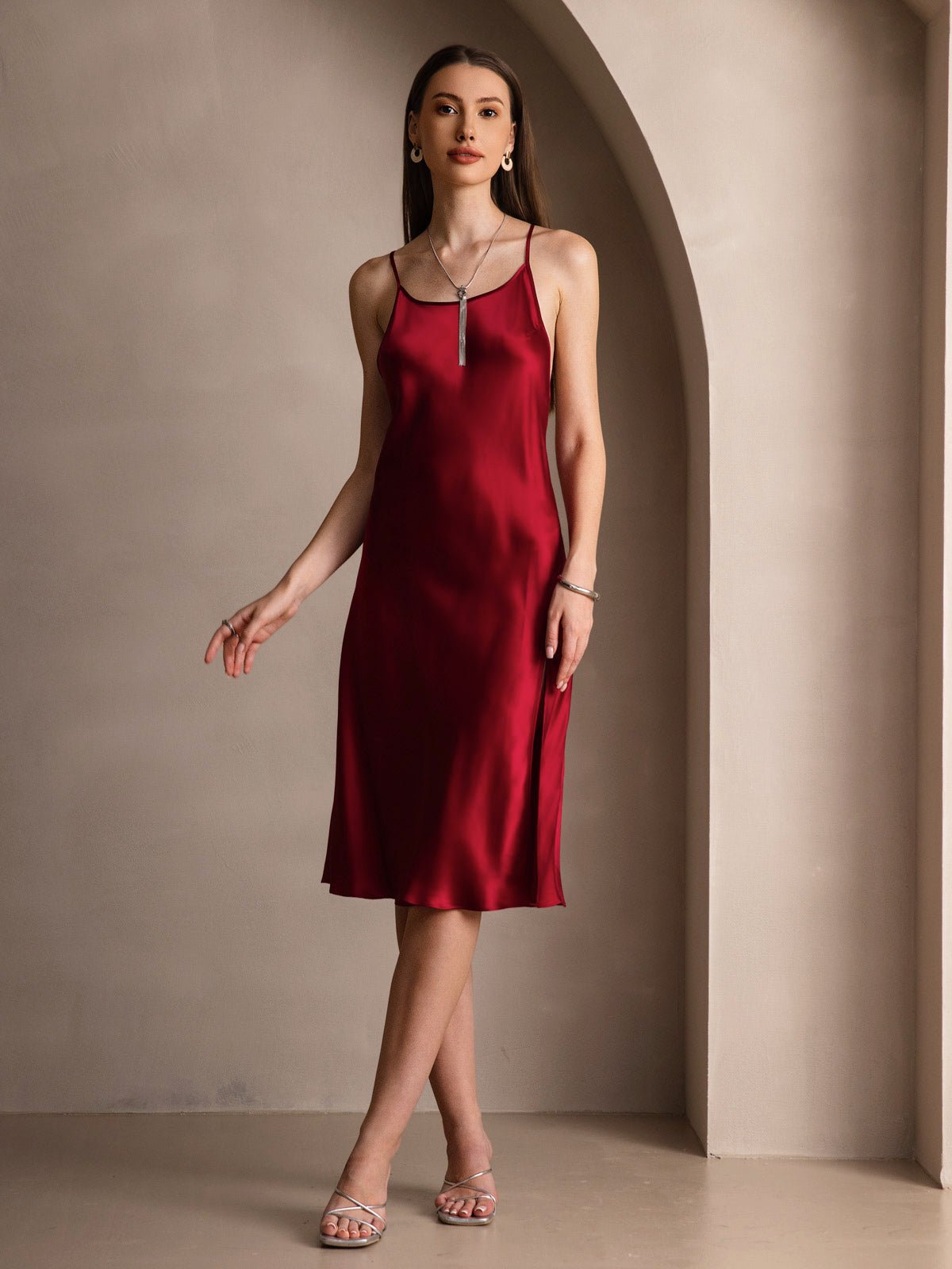 Pure Silk Spaghetti Strap U Neck Knee Dress with Split Criss Cross V-Back Design - Image 18