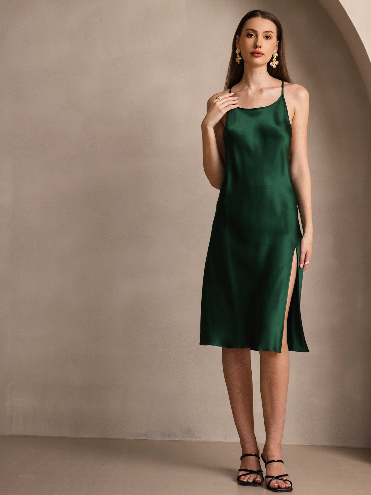 Pure Silk Spaghetti Strap U Neck Knee Dress with Split Criss Cross V-Back Design - Image 10