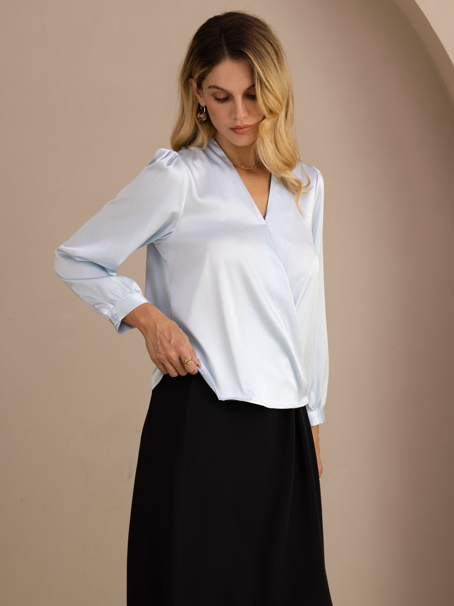 19Momme Silk Women's Wrap Neck Long Sleeve Blouse - Image 3