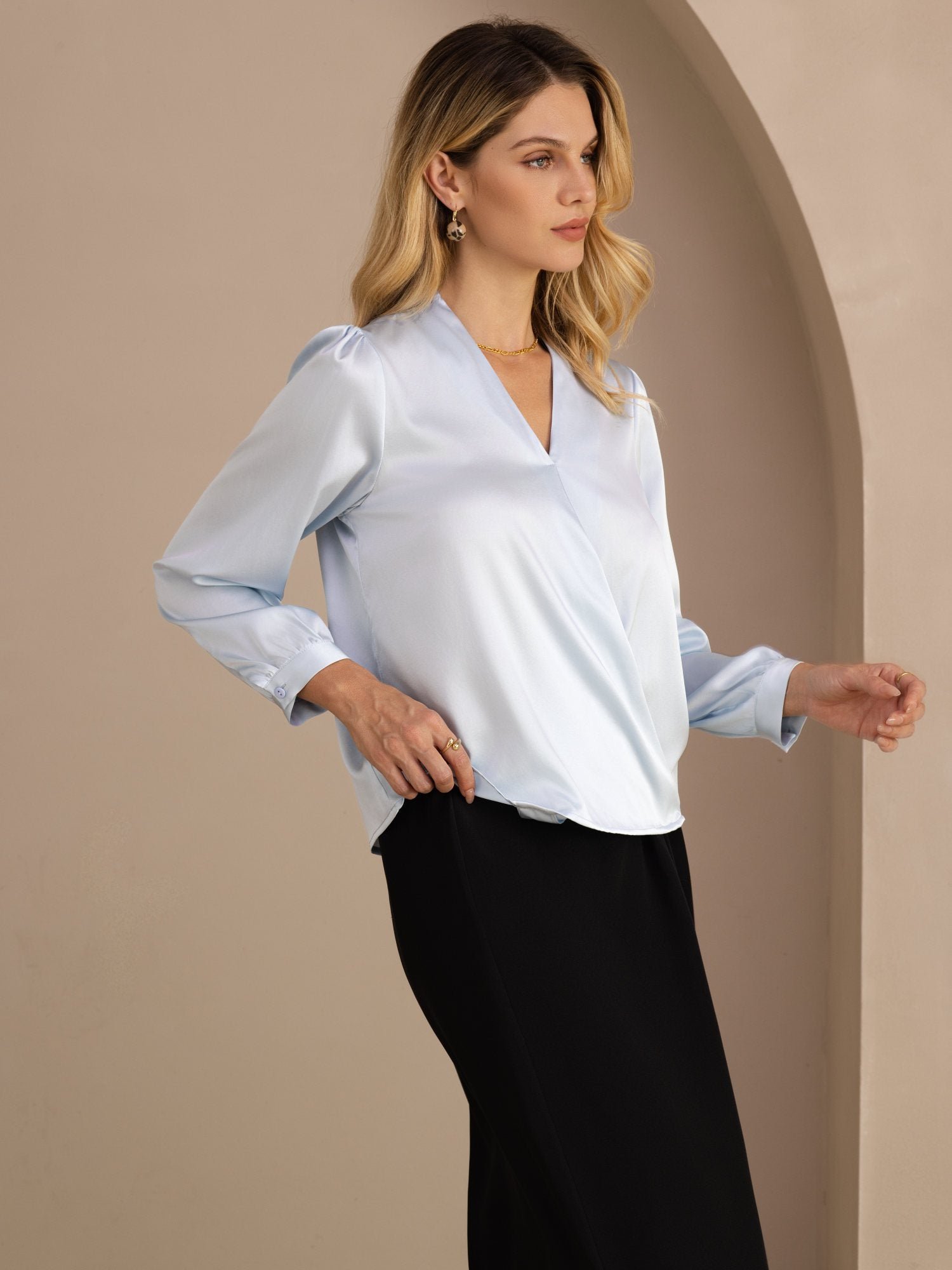 19Momme Silk Women's Wrap Neck Long Sleeve Blouse - Image 4