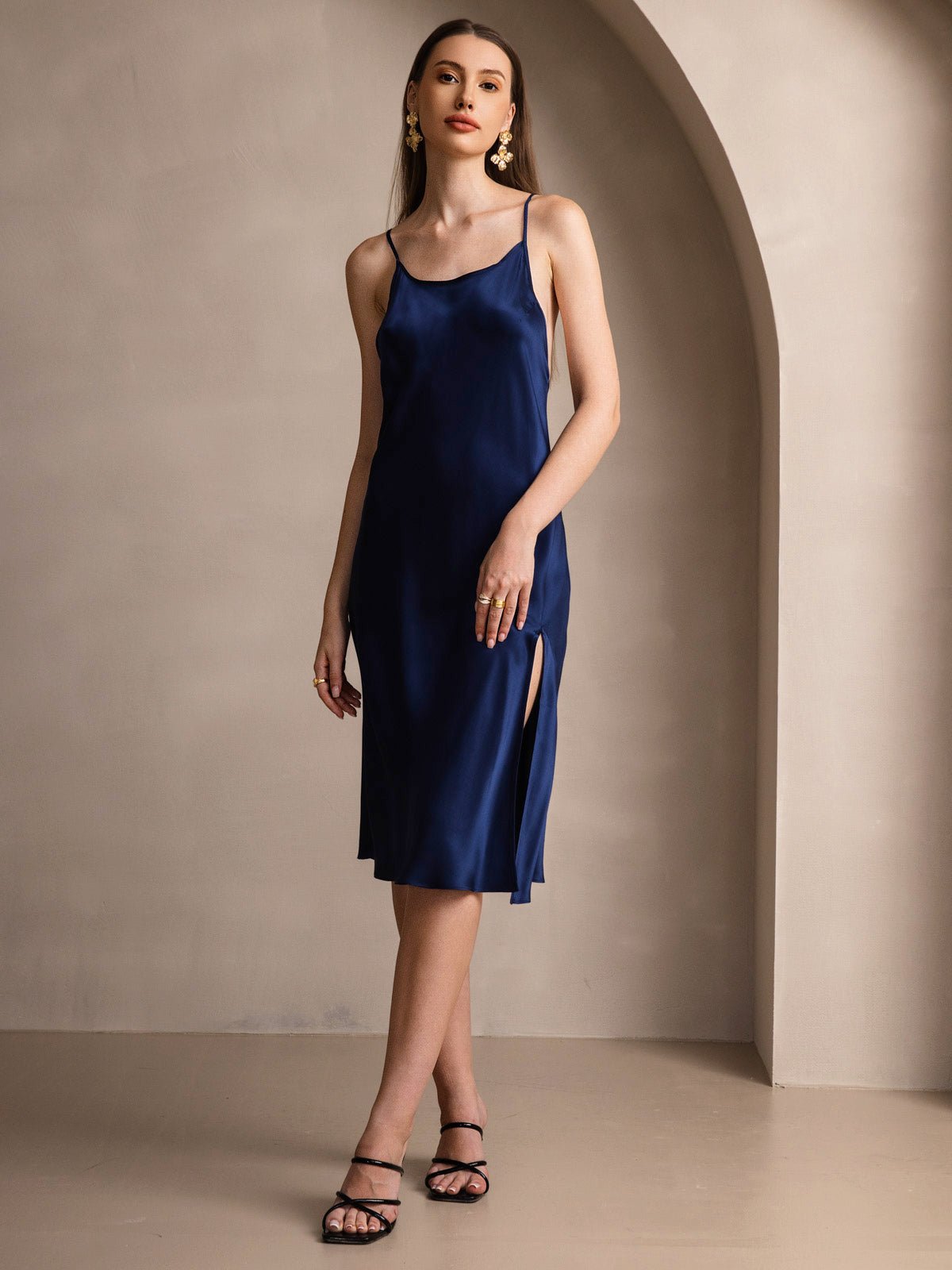 Pure Silk Spaghetti Strap U Neck Knee Dress with Split Criss Cross V-Back Design - Image 23