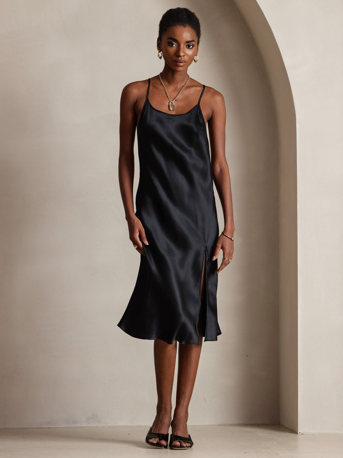 Pure Silk Spaghetti Strap U Neck Knee Dress with Split Criss Cross V-Back Design - Image 5